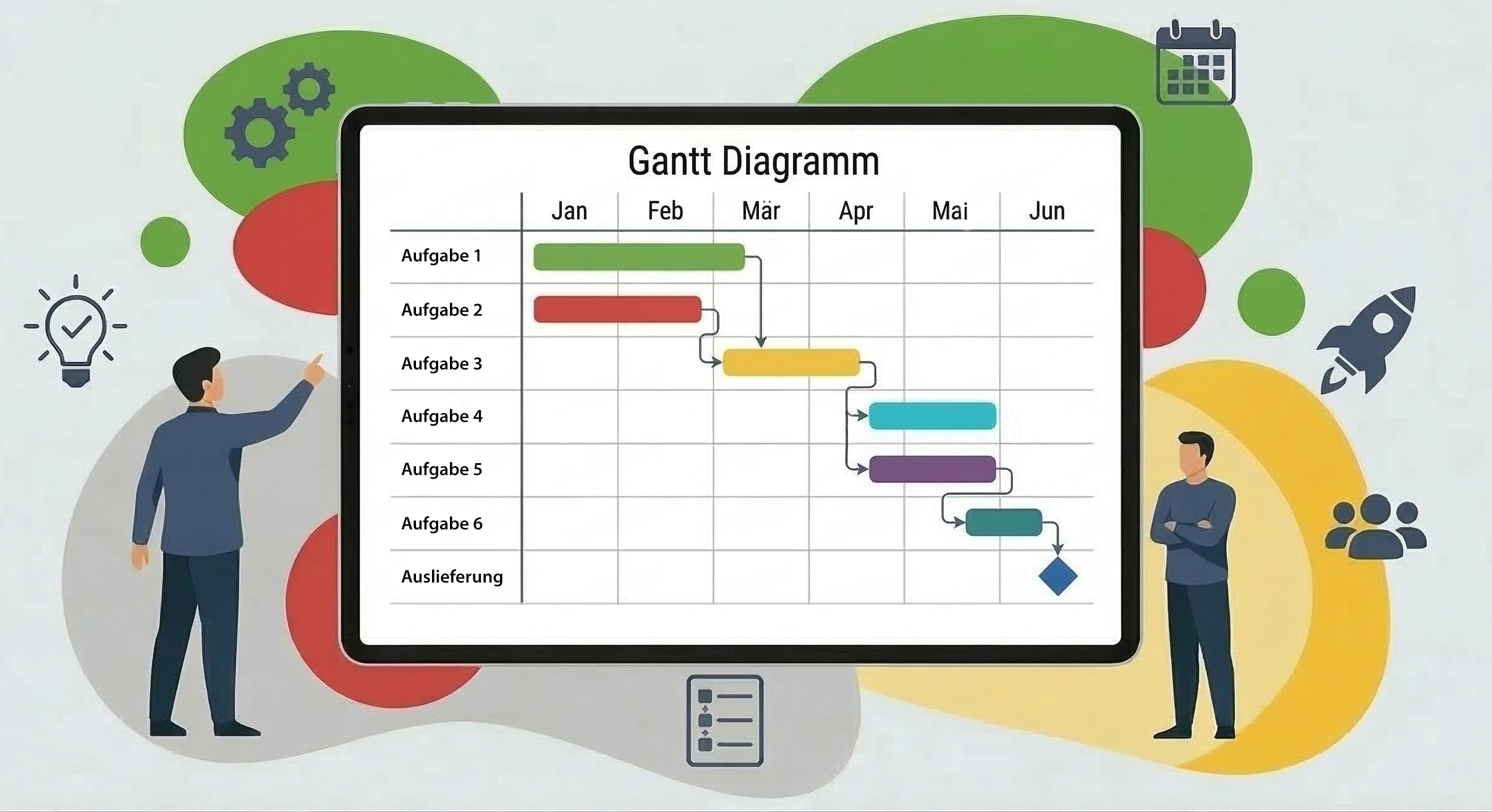 Illustration eines Gantt-Diagramms mit Aufgaben auf einer Zeitachse, dargestellt auf einem Tablet-Computer