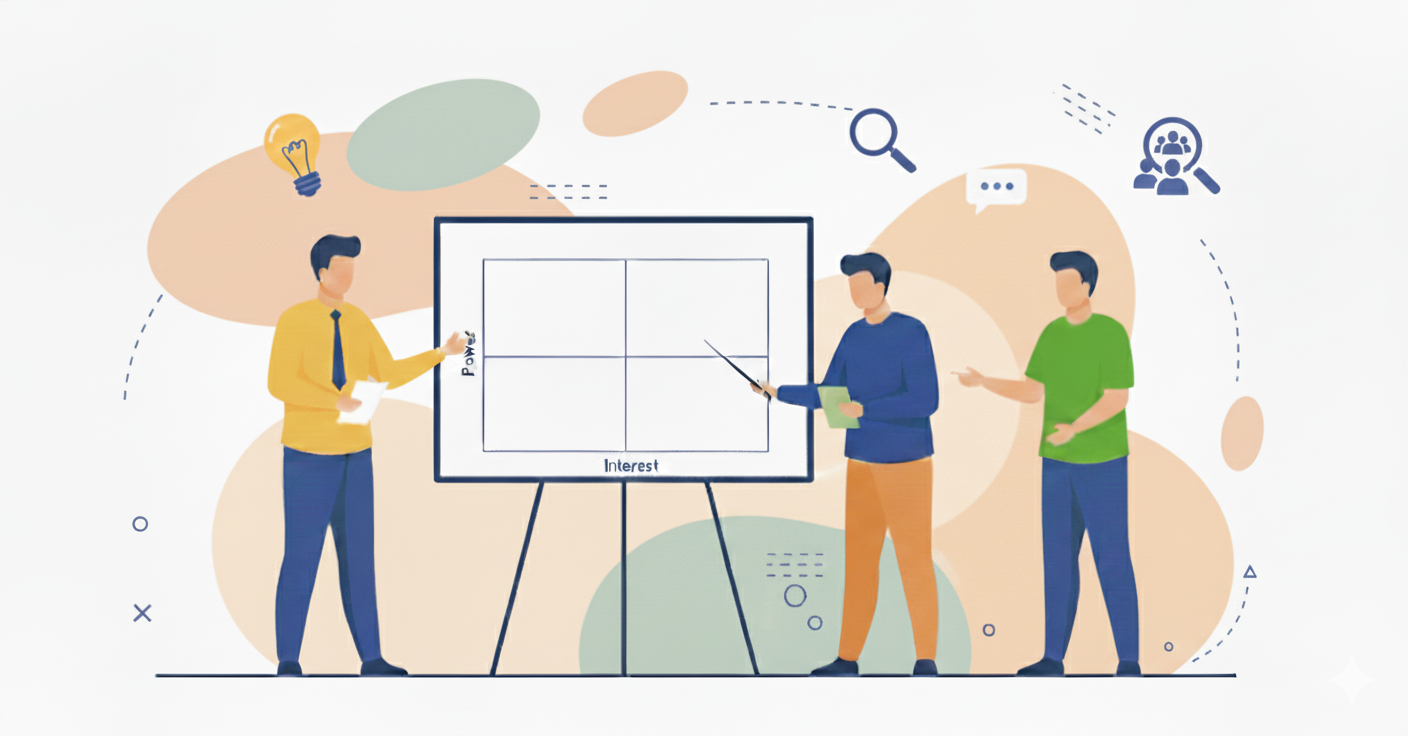 Das Identifizieren und Managen wichtiger Stakeholder ist entscheidend für den Projekterfolg. Illustration von drei Personen, die eine Stakeholder-Analyse mittels eines Macht-Interessen-Rasaters durchführen.