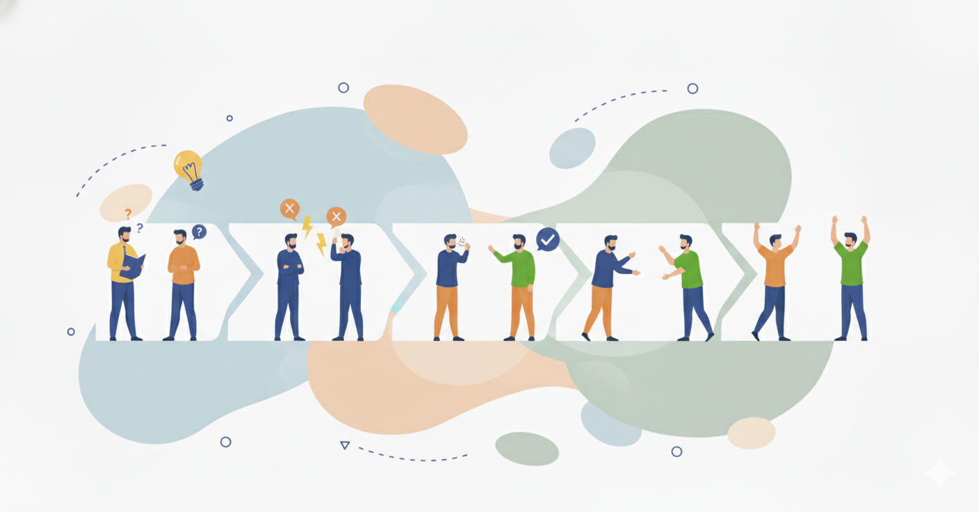 Teamentwicklung ist der Schlüssel zu erfolgreicher Zusammenarbeit Illustration von Personen, die gemeinsam die Phasen der Teamentwicklung durchlaufen